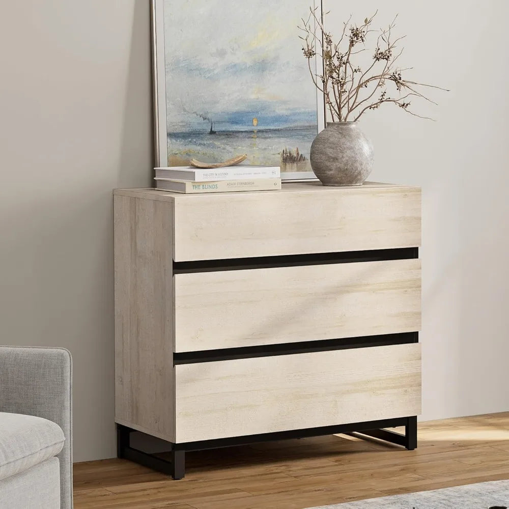 Nightstand with 3 Drawers for Bedroom, Modern Bedside Table with Square Iron Leg, Wood Rustic Side End Table