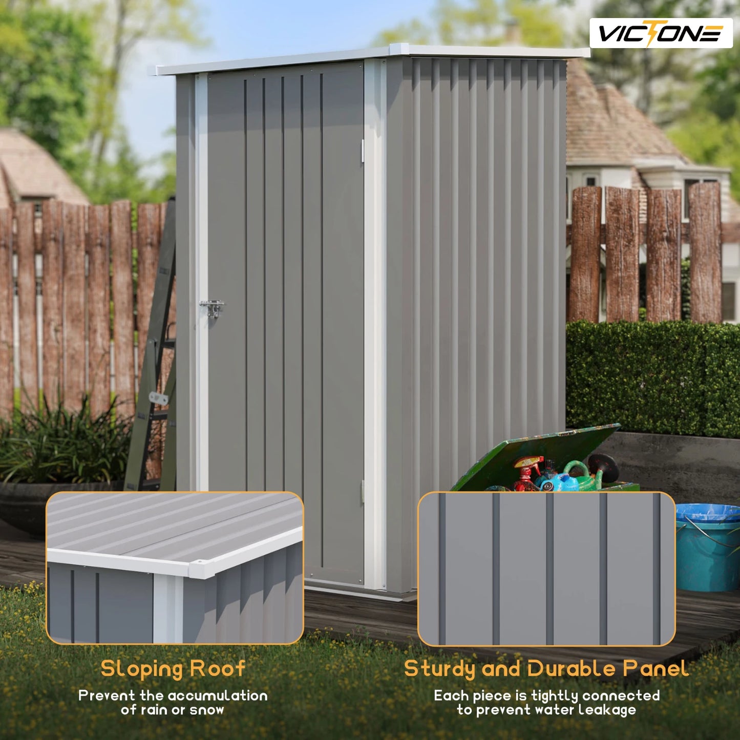 Victone 3' x 3' Compact Outdoor Storage Shed - Durable Small Garden Tool Storage with Sloping Roof, Single Lockable Door, Grey