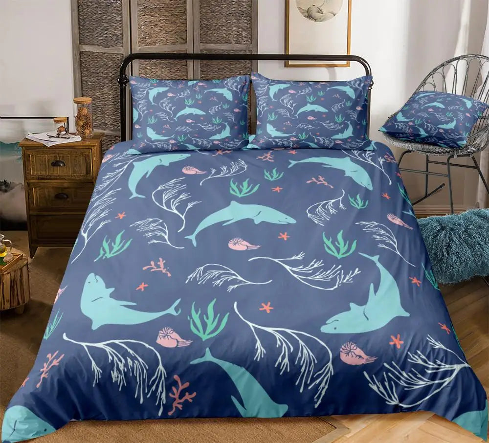 Ocean Duvet Cover Set Blue Whale Bedding Set Sea Animal Bed Linen Striped Beds Set Kids Teens Home Textile Microfiber Bedclothes