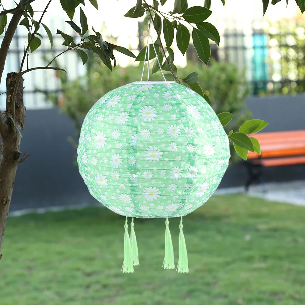 Chinese Round Hanging Lamp, Solar Printed Lantern, Waterproof Nylon LED Light, Outdoor Garden Party Decoration, 12"