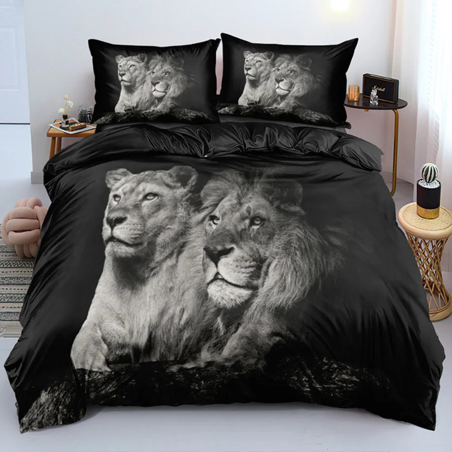 Black Lion Duvet Cover Animal Bed Sheet Pillow Three-Piece Bedding Set Single Double King Queen