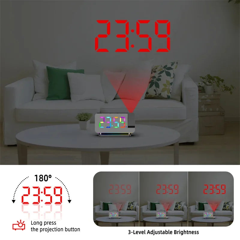 FM Radio 180° Projection Alarm Clock RGB With RGB Night Light 6 Levels Brightness Dual USB Output Port 12H/24H Digital LED Clock