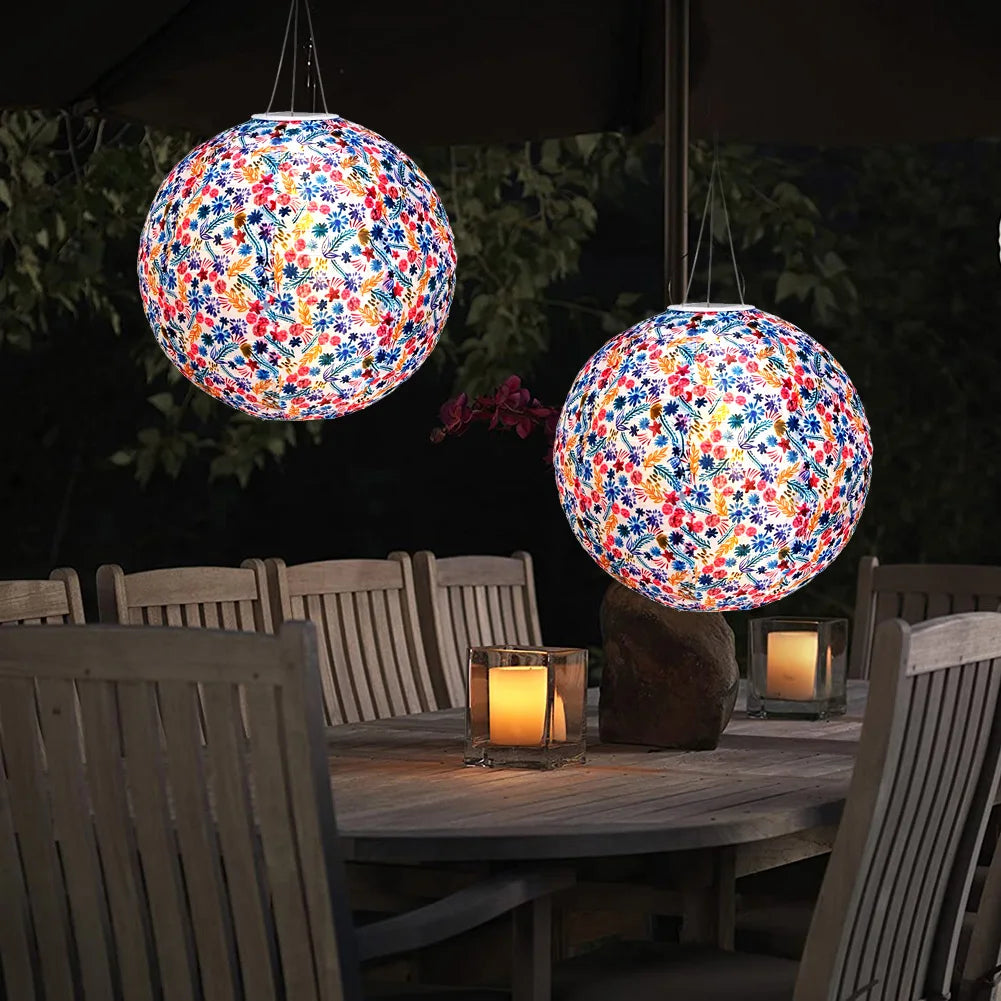 Chinese Round Hanging Lamp, Solar Printed Lantern, Waterproof Nylon LED Light, Outdoor Garden Party Decoration, 12"