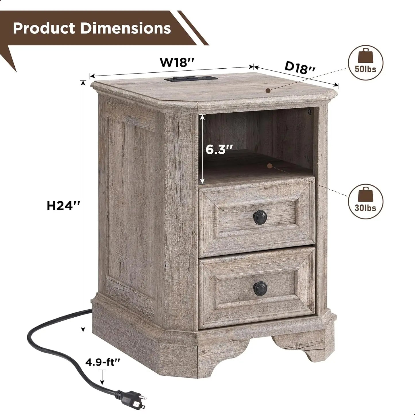 Farmhouse Nightstand with Charging Station, 18" End Table,Wood Side Table, Bedside Cabinet, Living Room (Light Rustic Oak)