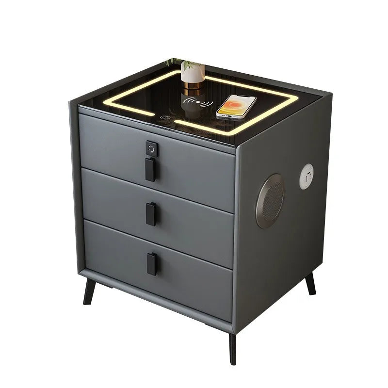 Luxurious Solid Wood Nightstand Three-Drawer Smart Bedside Table Compact Bedroom Leather Accents Integrated Wireless Charging