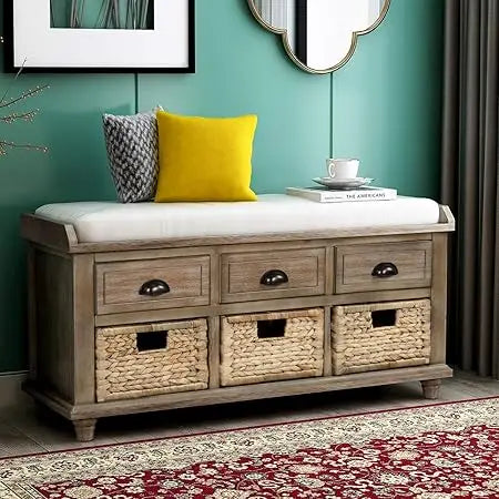 SOFTSEA Wood Storage Bench with 3 Drawers, 3 Rattan Baskets, Rattan Entryway Bench with Removable Cushion Home Organizer Bench(W