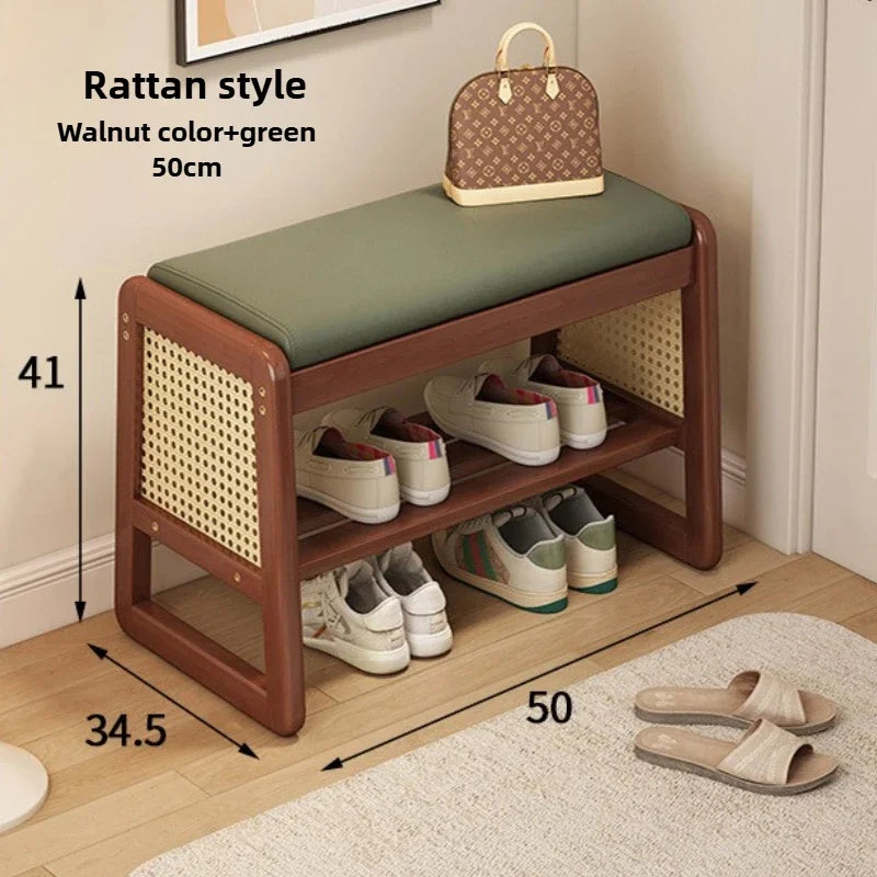 Teng woven shoe changing stool, entrance door, home door, multi-layer storage, solid wood, can sit on shoe stool