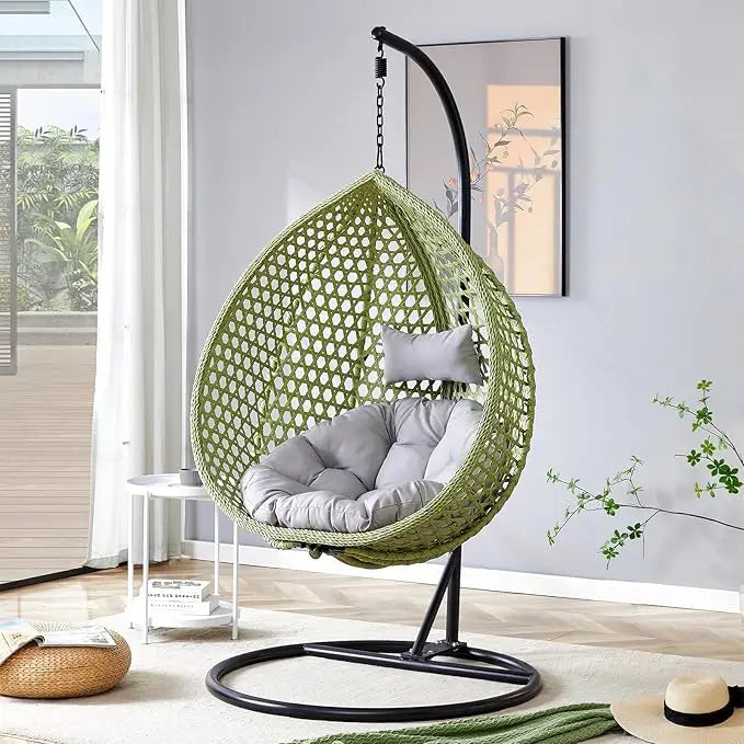 Standing vine hanging egg swing chair, foldable basket indoor or outdoor, cushion and pillow relaxation swing chair