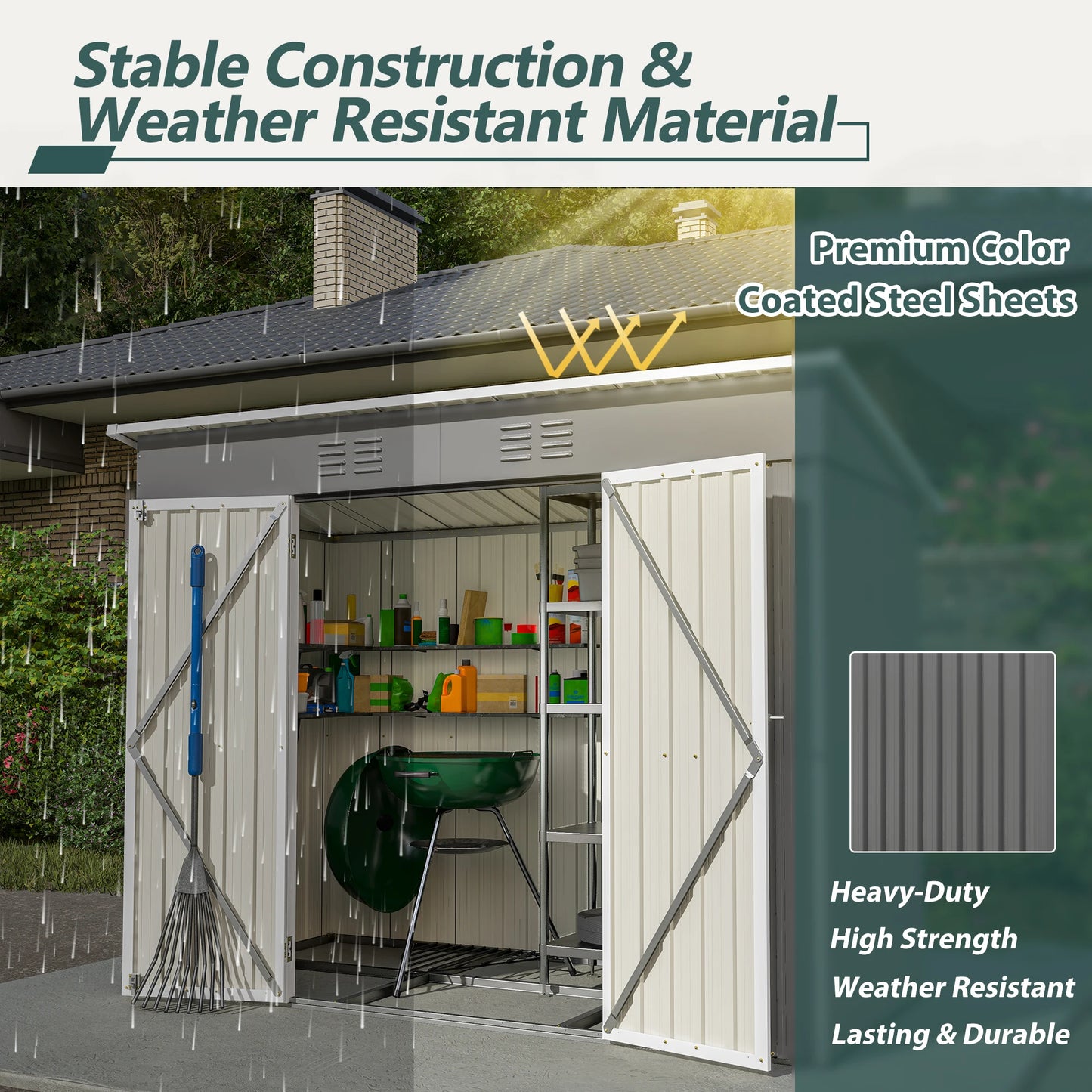 LZBEITEM 4' x 8' Metal Outdoor Storage Shed, Lean to Storage Shed, Garden Tool Storage House with Lockable Door and 2 Air Vents