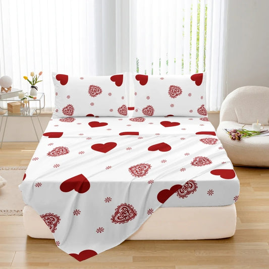 3pcs Valentine's Day Heart Print Bed Canopy Pillowcase Set Romantic Love Theme Red Heart Design Fitted Sheet Suitable for Girls