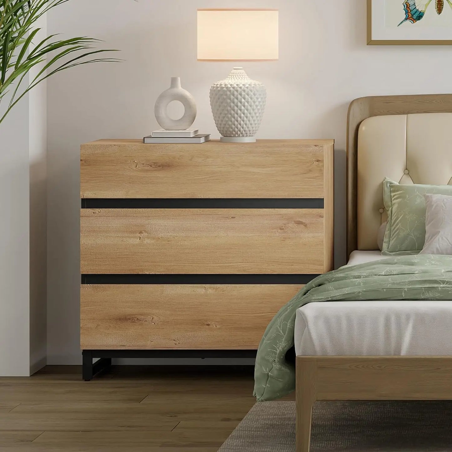 Nightstand with 3 Drawers for Bedroom, Modern Bedside Table with Square Iron Leg, Wood Rustic Side End Table