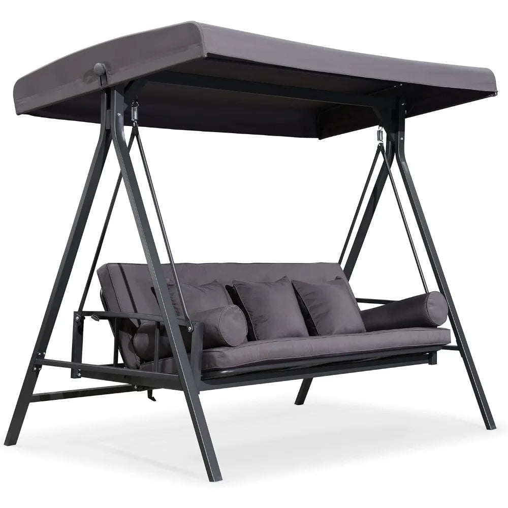 Outdoor Patio Porch Swing Adjustable Backrest, 3-seat Swing Chair with Weather Resistant Steel Frame for Backyard Front Porch L