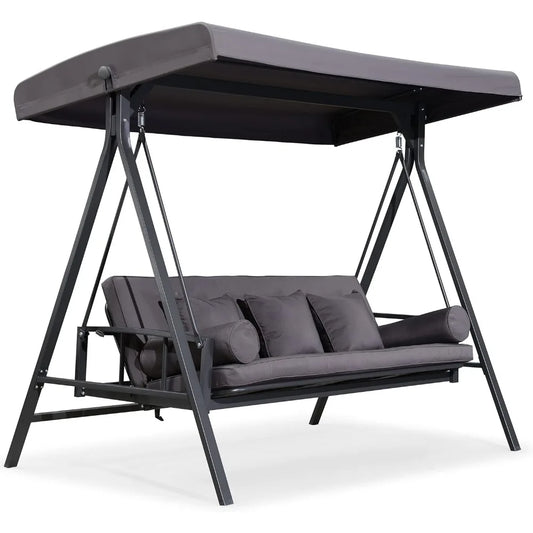 Outdoor Patio Porch Swing Adjustable Backrest, 3-seat Swing Chair with Weather Resistant Steel Frame for Backyard Front Porch L