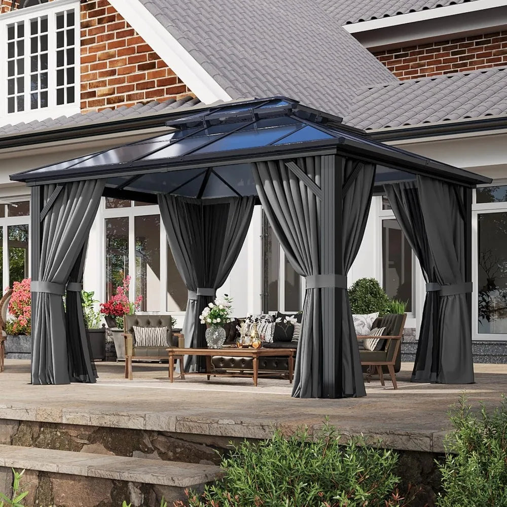 10'x12' Hardtop Gazebo, Aluminum Frame Permanent Pavilion with Curtains and Netting, Outdoor Polycarbonate Double Roof Canopy,