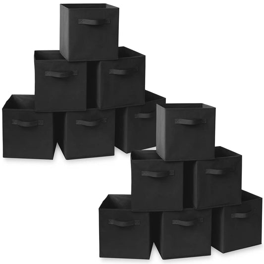Set of 12 Fabric Storage Cube Bins, Black - 11" Collapsible Foldable Cloth Baskets for Shelves and Cubby Organizers