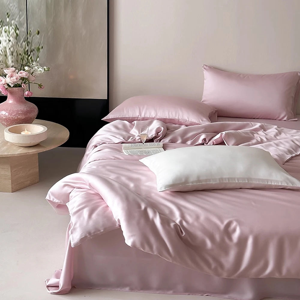 Lofuka Nature 100% Pure Silk Bedding Set Beauty Double Queen King White Blue Quilt Cover Flat Sheet Pillowcase For Healthy Sleep