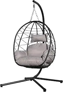 Egg Chair with Stand, Uv-Proof Pe Wicker Hanging Chair for Outdoor Patio, Cushioned Hammock Swing for Bedroom Garden Indoor/Outd