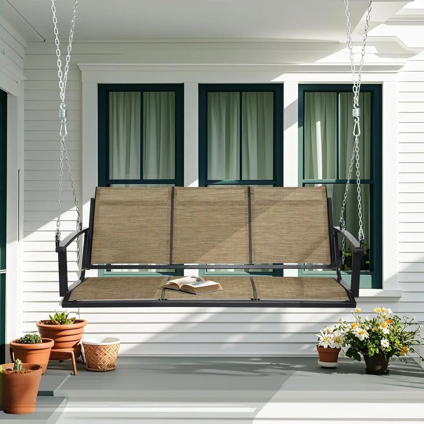 3 Seat Hanging Swing, 5.2FT Patio Bench Swing, 660lbs Heavy Duty Outdoor Porch Swing with Hanging Chains for Courtyard,