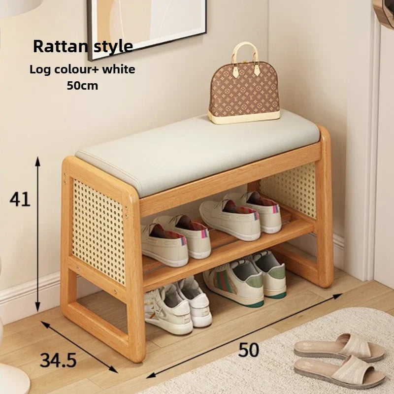 Teng woven shoe changing stool, entrance door, home door, multi-layer storage, solid wood, can sit on shoe stool