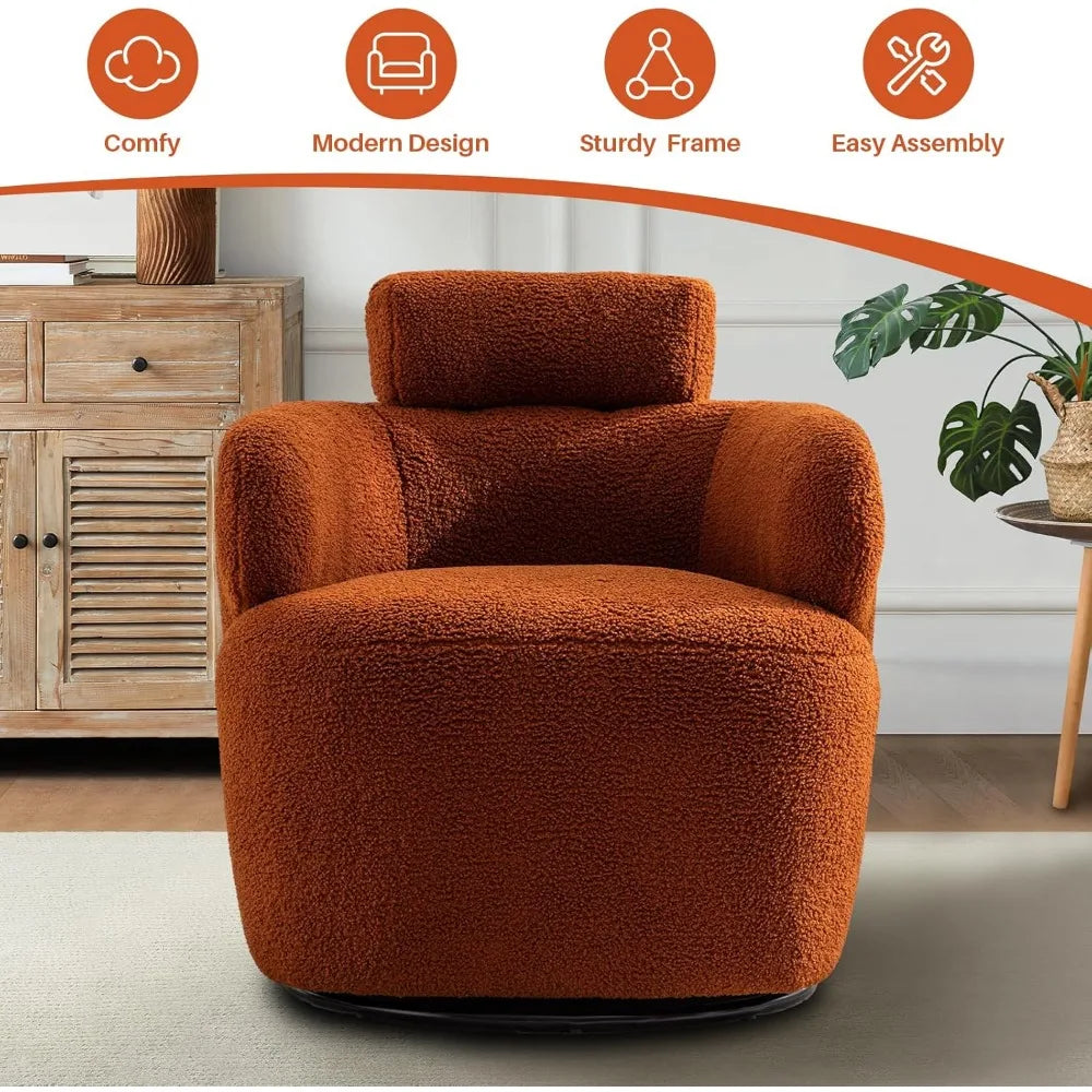 Small Swivel Accent Chair, 360°Barrel Boucle Round Modern Armchair,Tufted Upholstered Single Sofa Chair with Adjustable Headrest