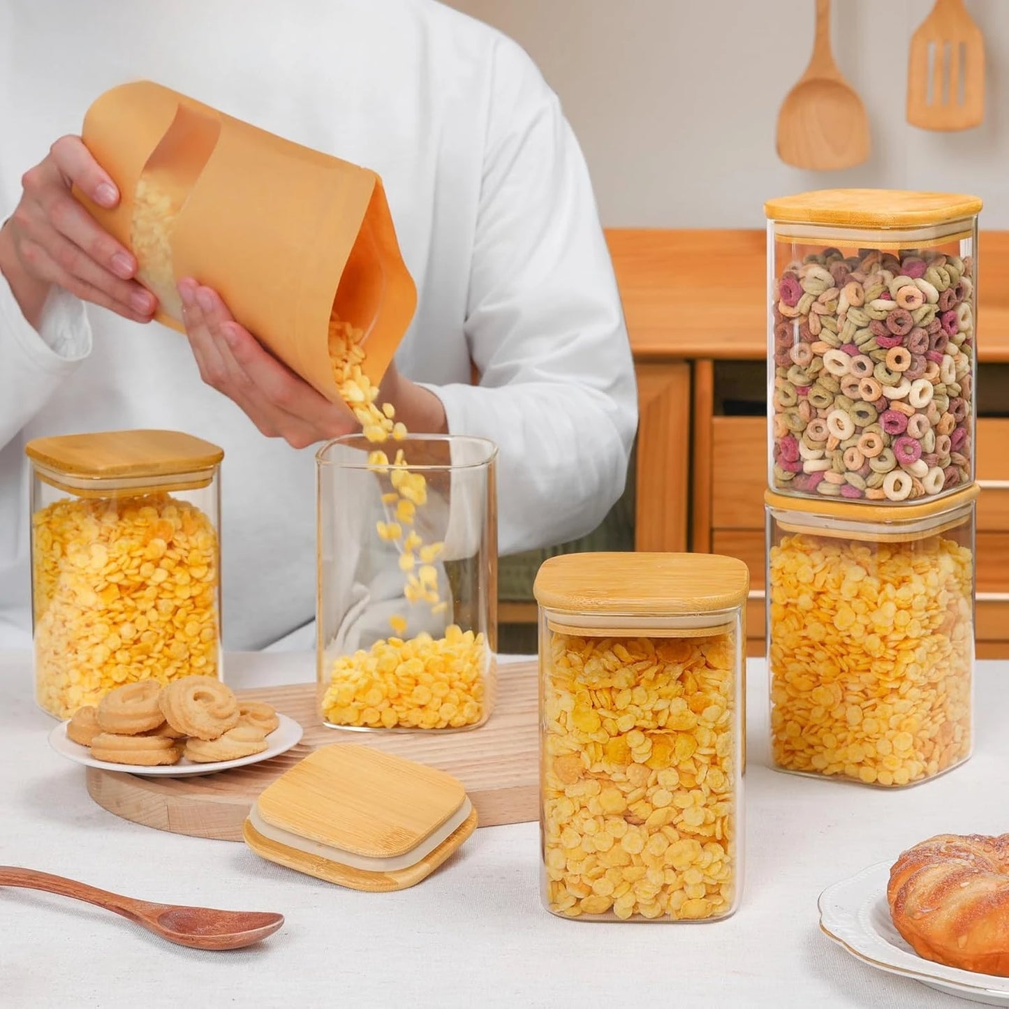 37oz Glass Storage Containers with Lids, Glass Jars with Lids, Clear Food Storage Jar, Square Glass Canister Set of 9, Pantry