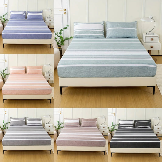 3-Piece Striped Fitted Sheet Set – Luxuriously Soft & Breathable – Includes 1 Fitted Sheet and 2 Pillowcases for Cozy Sleep – Pe
