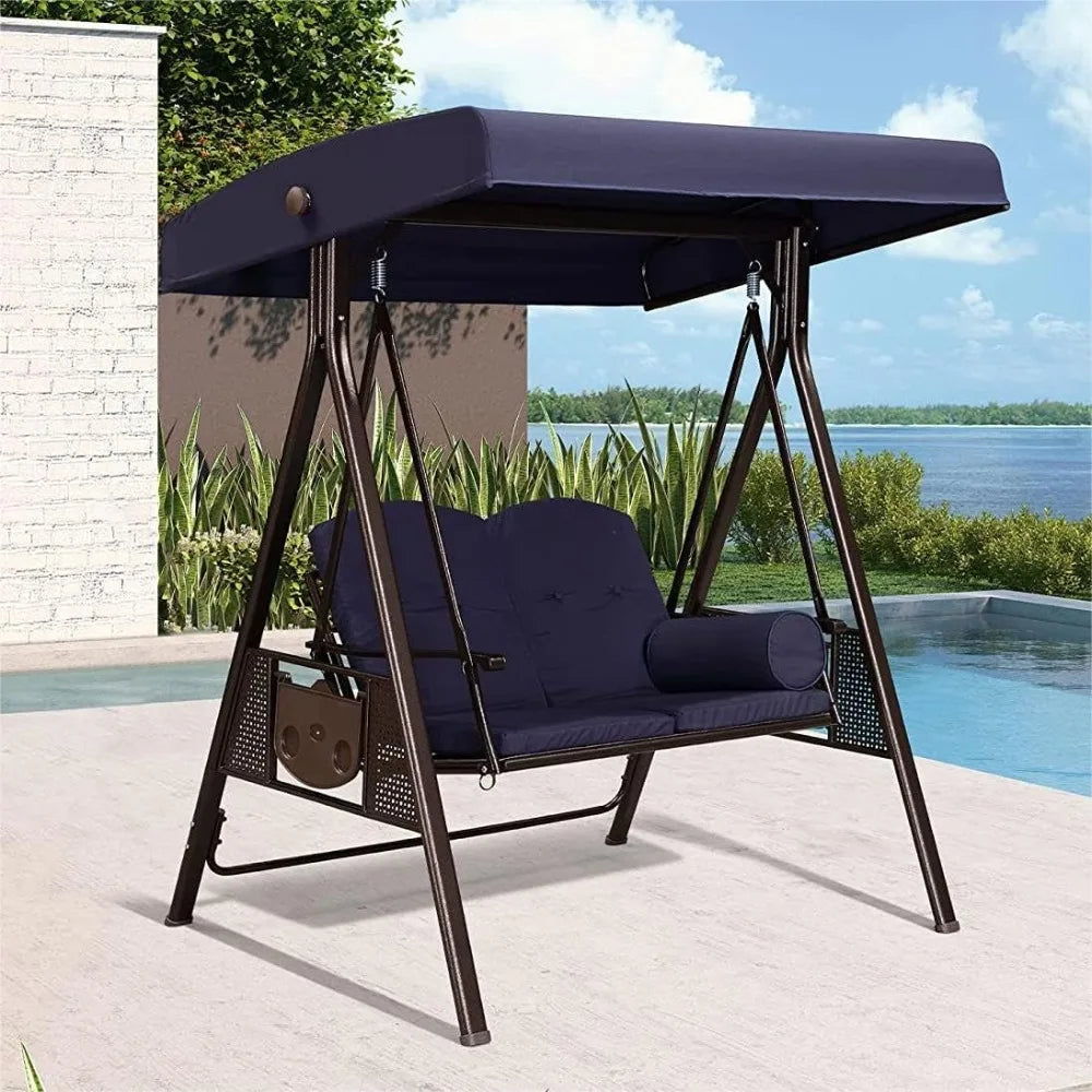 2 outdoor terrace porch swings, weather resistant steel frame, adjustable tilt canopy, including cushions and pillow swings