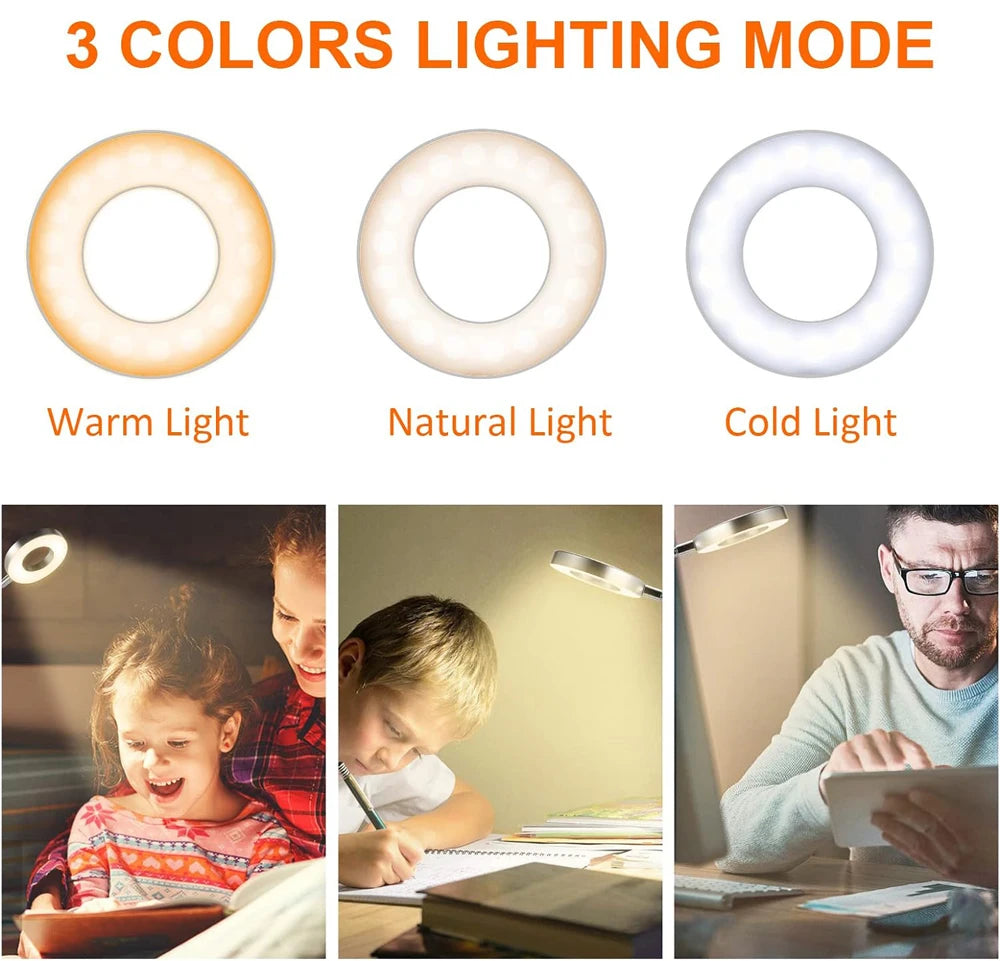LED Reading Lights 360°Flexible Gooseneck Dimmable Table Lamp Clip On Indoor Bedroom Eye Protection Desk Light Book Clamp Lamp