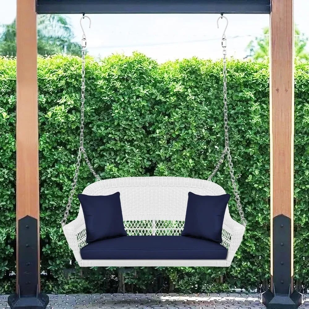 Wicker Porch Swing in White with Blue Cushion