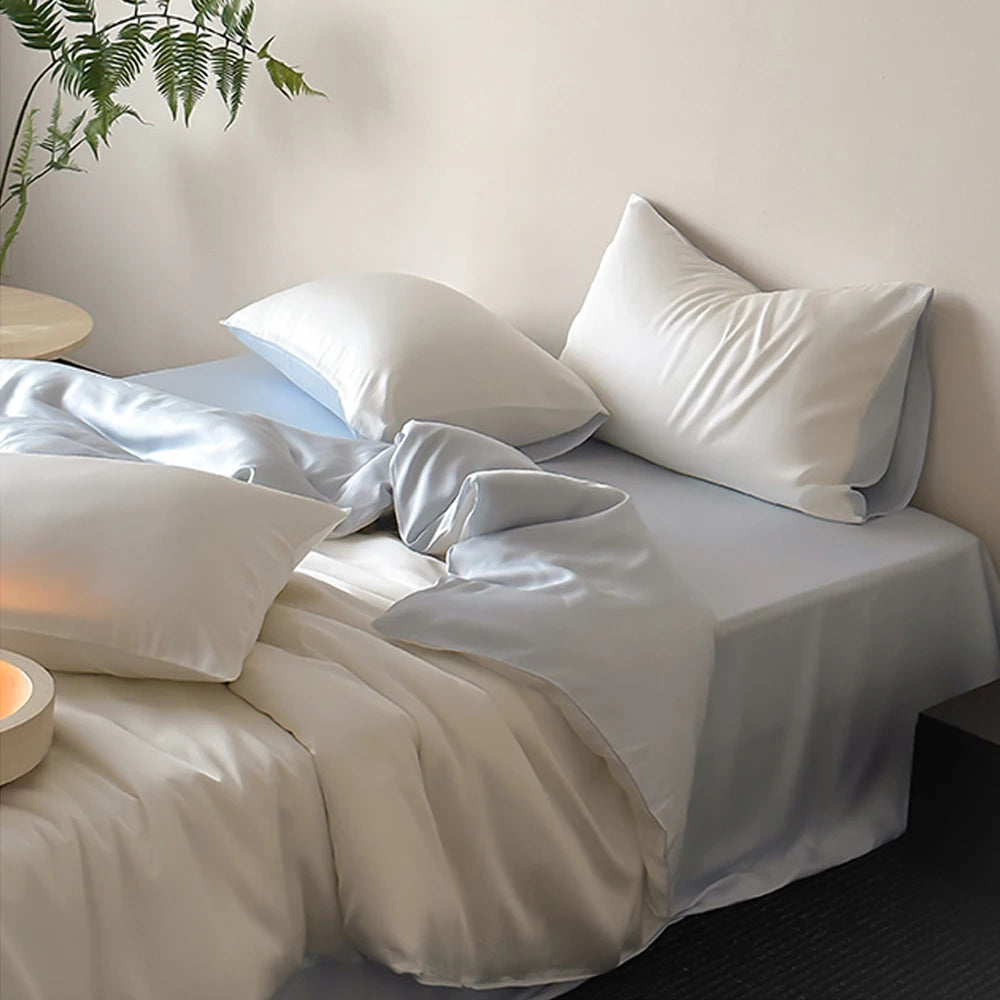 Lofuka Nature 100% Pure Silk Bedding Set Beauty Double Queen King White Blue Quilt Cover Flat Sheet Pillowcase For Healthy Sleep