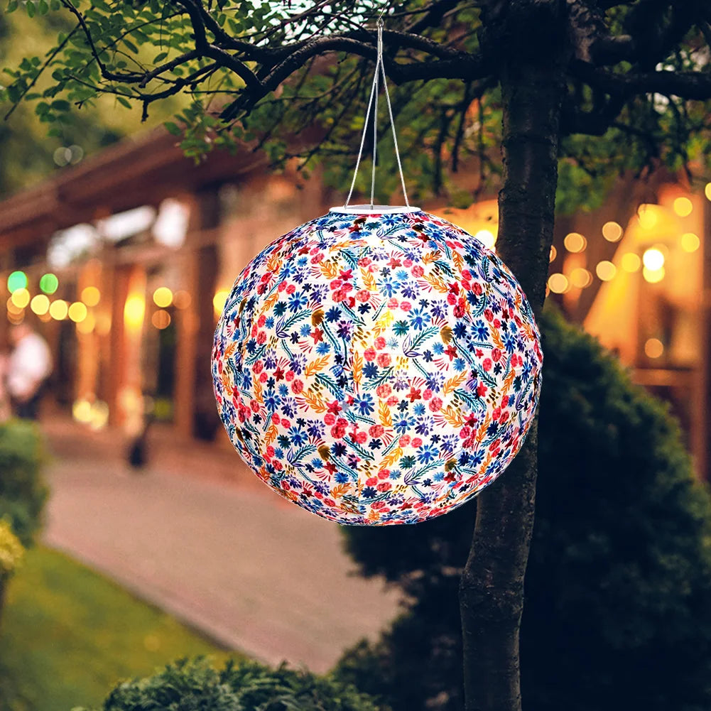 Chinese Round Hanging Lamp, Solar Printed Lantern, Waterproof Nylon LED Light, Outdoor Garden Party Decoration, 12"