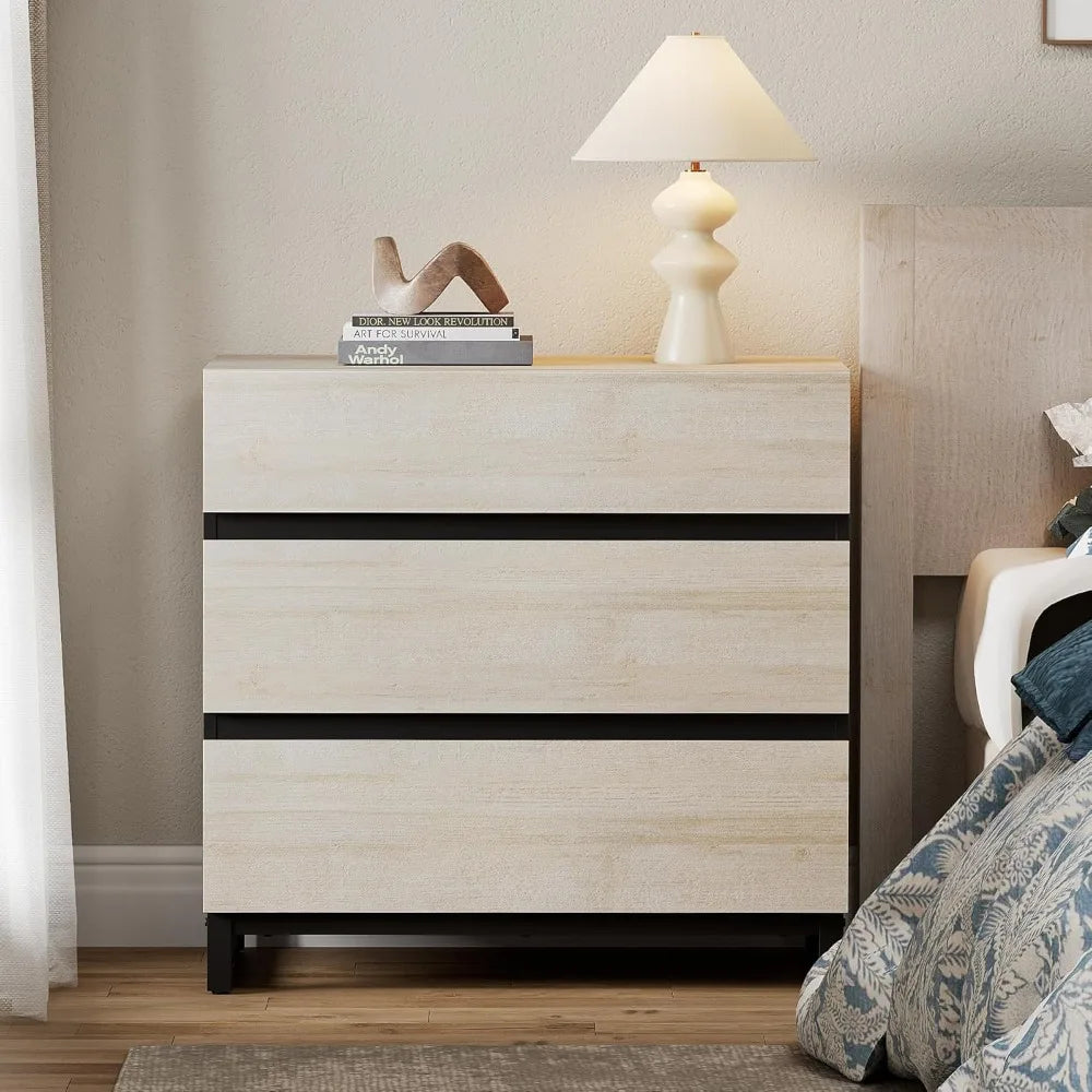 Nightstand with 3 Drawers for Bedroom, Modern Bedside Table with Square Iron Leg, Wood Rustic Side End Table