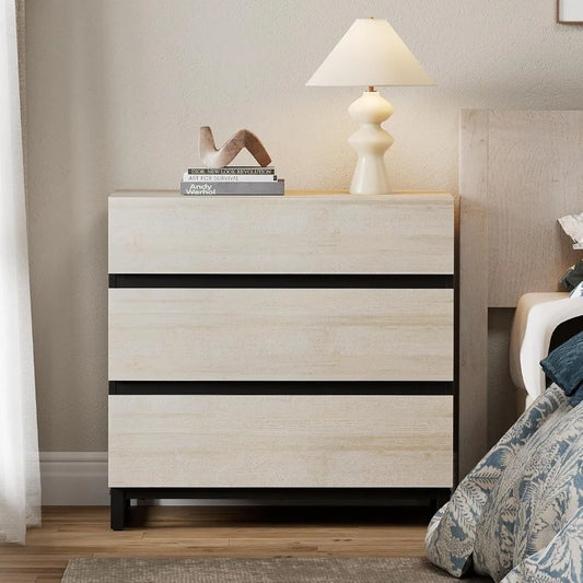 Nightstand with 3 Drawers for Bedroom, Modern Bedside Table with Square Iron Leg, Wood Rustic Side End Table