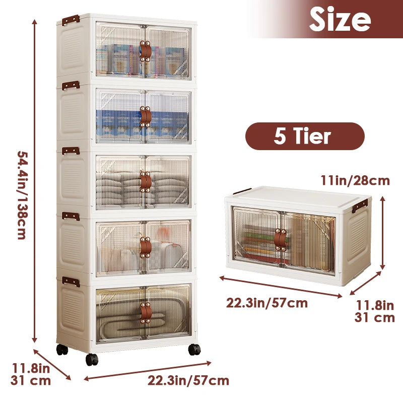 Multi-layer Foldable Double Door Plastic Storage Cabinet with Wheels - Large Capacity Organizer for Bedroom Living Room Kitchen