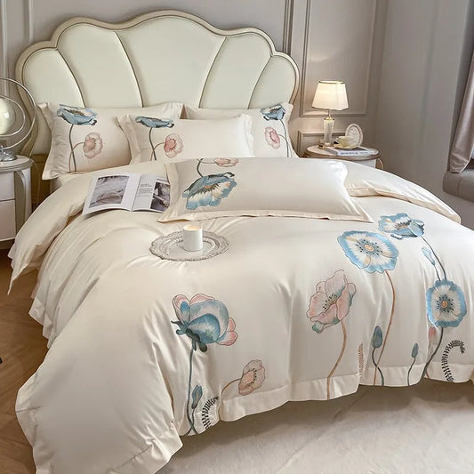 Chic Embroidery Blooming Beige Duvet Cover set 100%Cotton Soft Comfy Beddng set Bed Sheet Pillowcases Double Queen King 4Pcs
