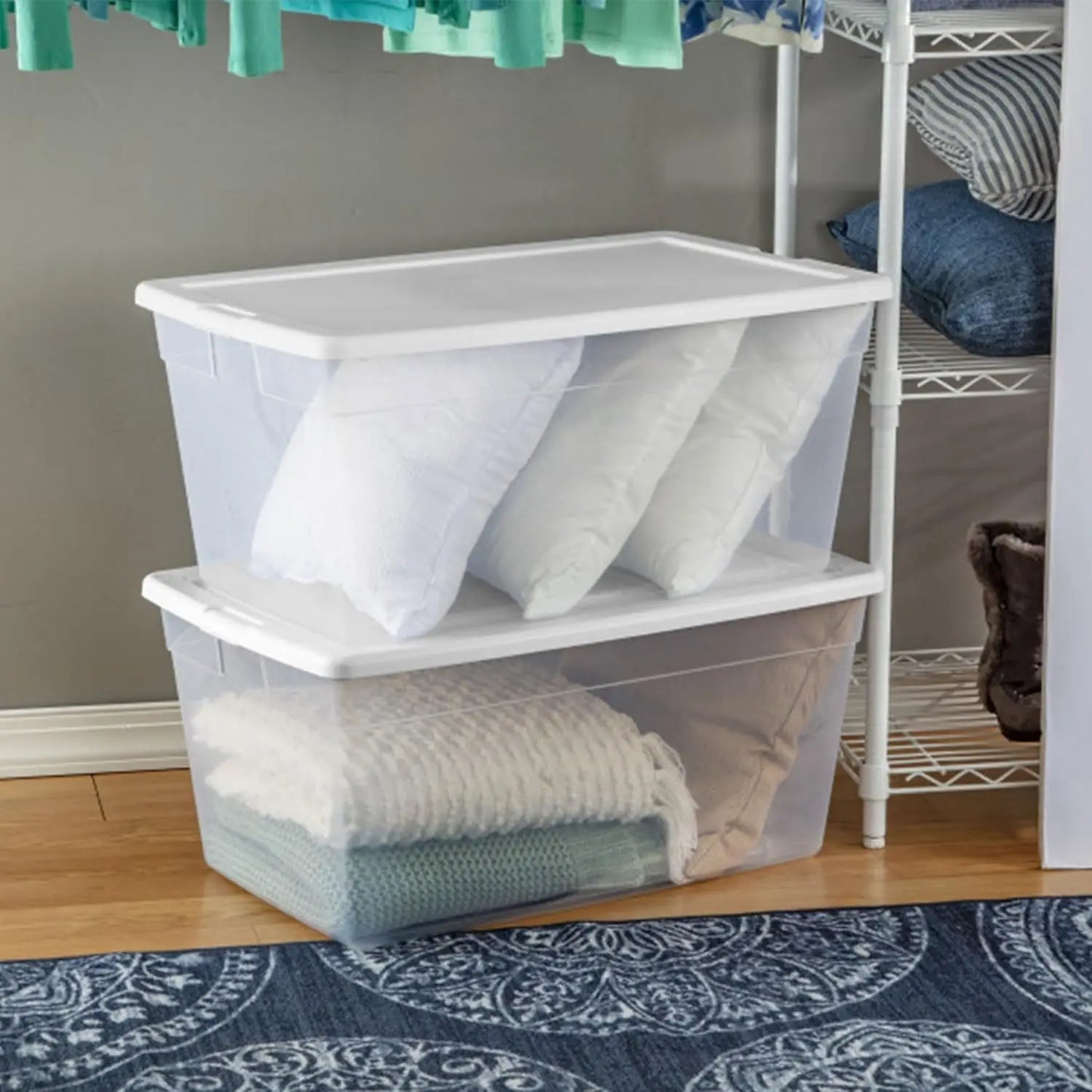 12-Pack 90 Quart Storage Box, Stackable Clear Plastic Bins - Heavy-Duty Organizing Containers for Closet, Bathroom, and Office