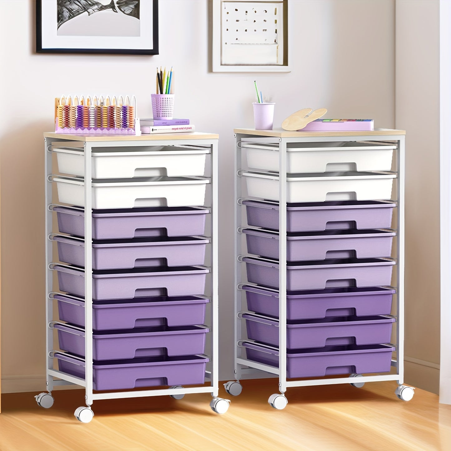 8-Drawer Rolling Storage Cart with Locking Casters & Tabletop - Heavy-Duty Metal Frame, Purple Finish, Multi-Purpose Organizer for Living Room, Bedroom, Office, Dorm, Bathroom, Versatile Rolling Storage Cart, Decorative Drawe