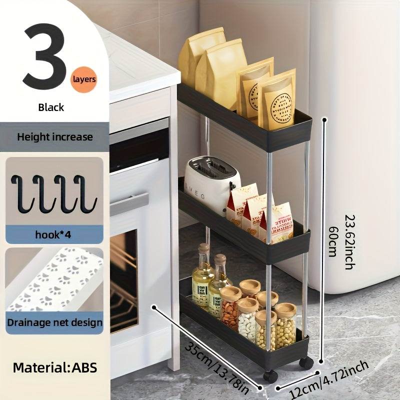 3-Tier Slim Rolling Storage Cart - Metal & Plastic Frame, Compact Narrow Design, Easy Assembly, Multi-Functional Vertical Organizer for Kitchen, Bathroom, Laundry Room, Living Room - Mobile Storage Unit, Minimalist Shelf, Dur