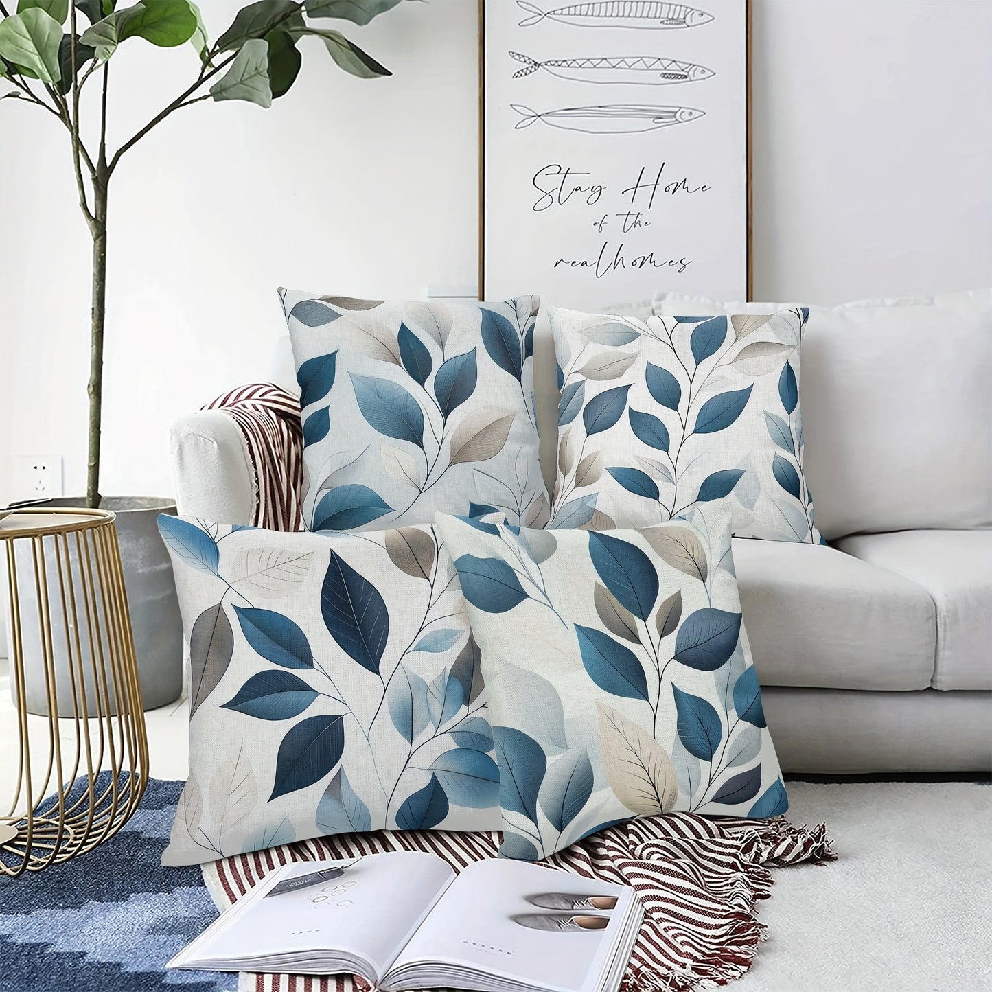 Grey Blue 4 Pack Leaf Theme Decorative Throw Pillow Covers - Double Sided Polyester Printed Pattern Zipper Closure Home Decor for Living Room, Bedroom and Sofa Home Decor (Pillow Inner Not Included)