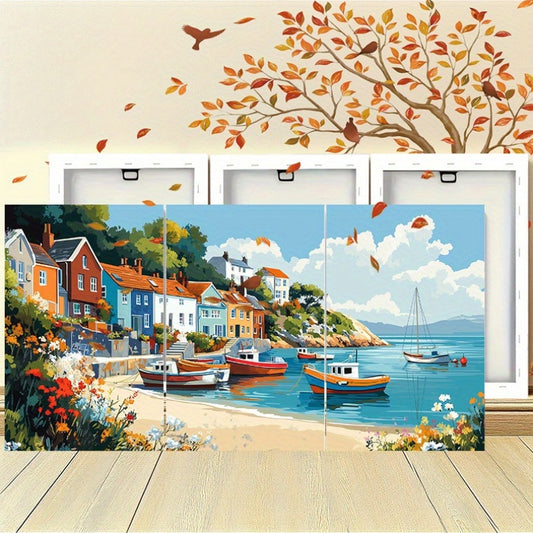Coastal Village Canvas Wall Art - 3pcs Framed Boat and Seaside Town Print Set - 12x16 Inch Ready to Hang Paintings for Living Room, Dining Area Decoration