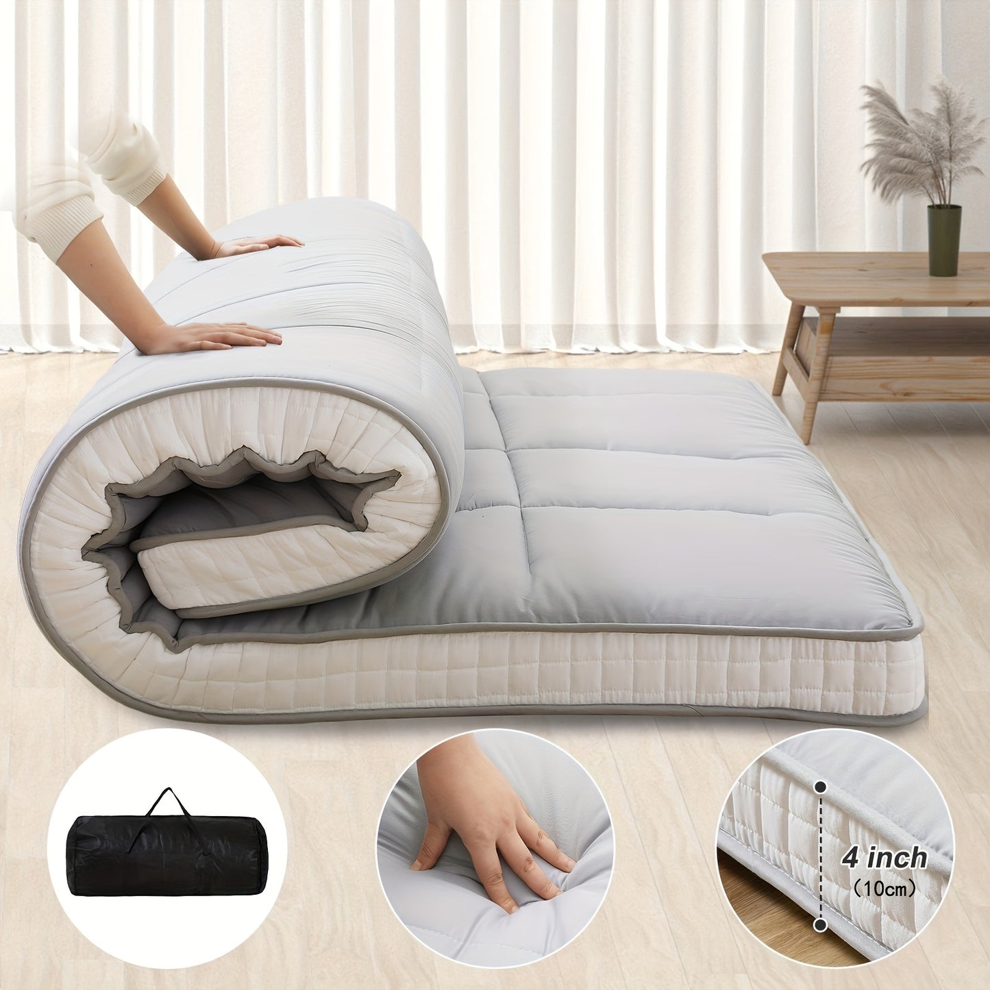 LILYPELLE 4" Extra Thick Japanese-Style Floor Mattress - Memory Foam Foldable Roll-Up Design, Portable with Carrying Bag, Machine Washable for Camping, Travel, Guest Bed & Home Use, Home Sleeping Mat | Portable Mattress | Mem