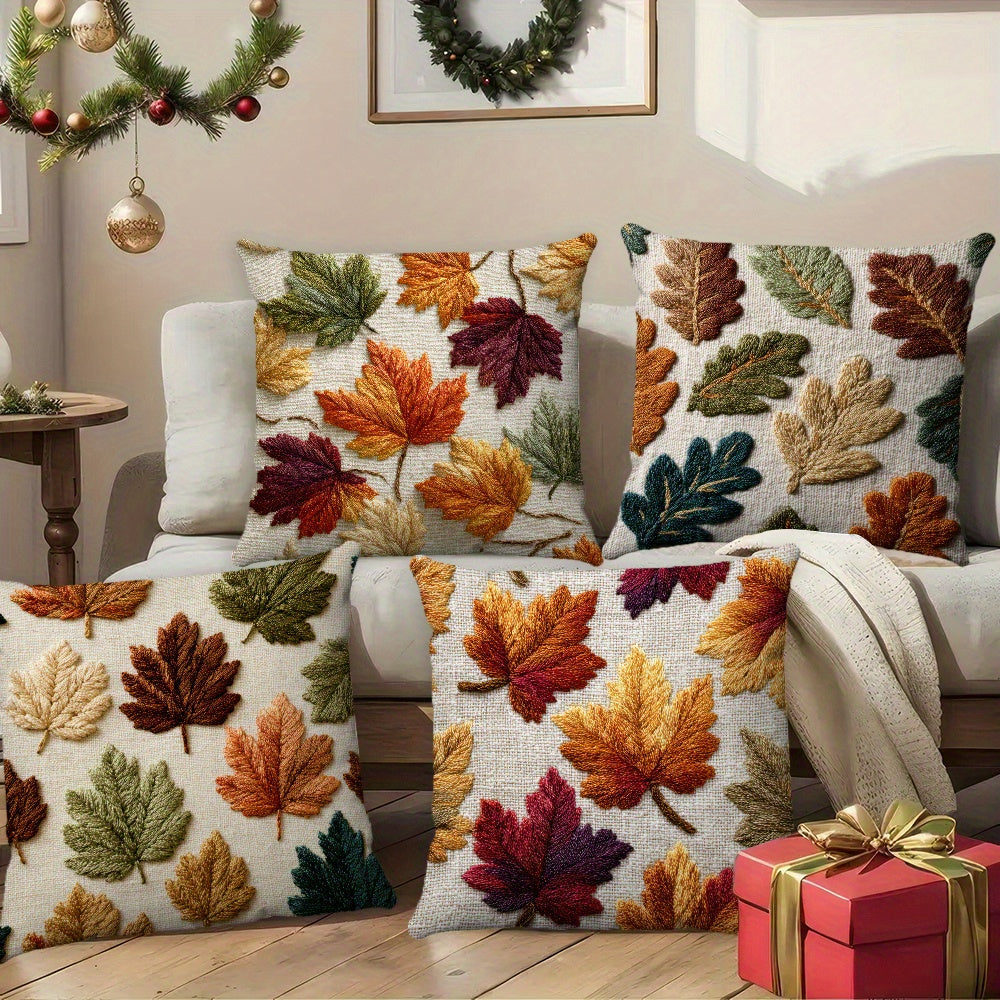 4pcs, Autumn leaf embroidery style (non genuine embroidery) throw pillow cover, living room sofa cushion decoration cushion cover, home decoration square 18x18 inch pillowcase, Suitable for bedrooms, sofas, living rooms.