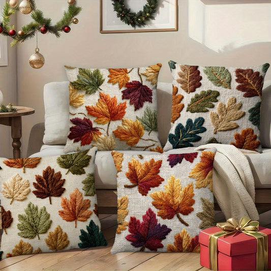4pcs, Autumn leaf embroidery style (non genuine embroidery) throw pillow cover, living room sofa cushion decoration cushion cover, home decoration square 18x18 inch pillowcase, Suitable for bedrooms, sofas, living rooms.