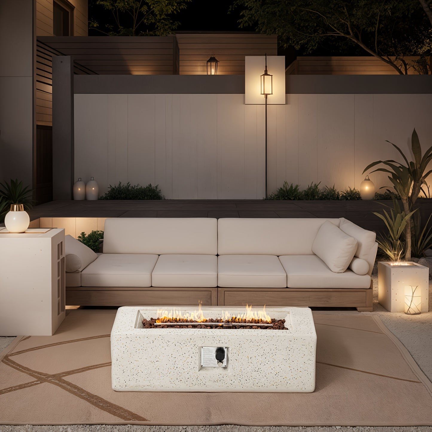 [42" Fire Pit Table] 42" Rectangular Fire Pit Table - 1pc 40,000 BTU Propane Fire Pit with Adjustable Flame, Speckled White Finish, Built-In Storage & Side Table, Matchable Glass Cover & Tank Cover - Outdoor Heating for Patio