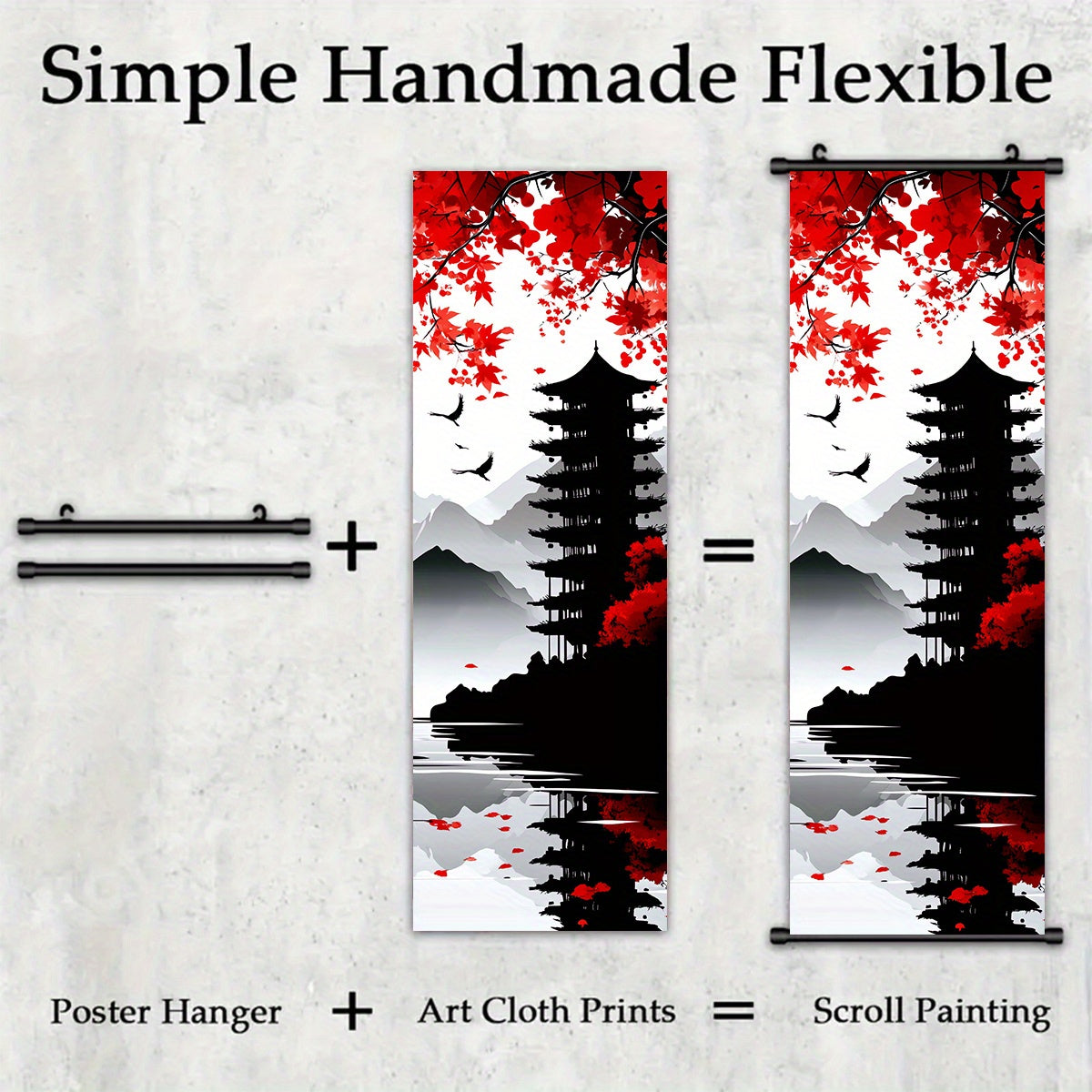 [Japanese Canvas Art] 4pcs Set of Japanese Landscape Canvas Wall Art - Featuring Traditional Red And Black Scroll Paintings - Made from High-Quality Canvas Material - Ready to Hang - with Elegant Wall Decor Suitable for Livin