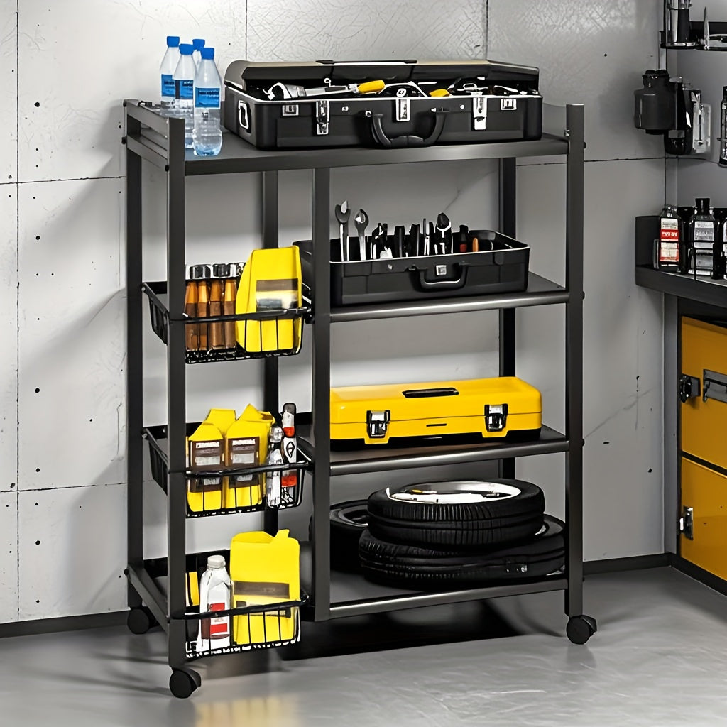 Movable Storage Rack, Adjustable 4-Layer Storage Rack with 3 Wire Baskets