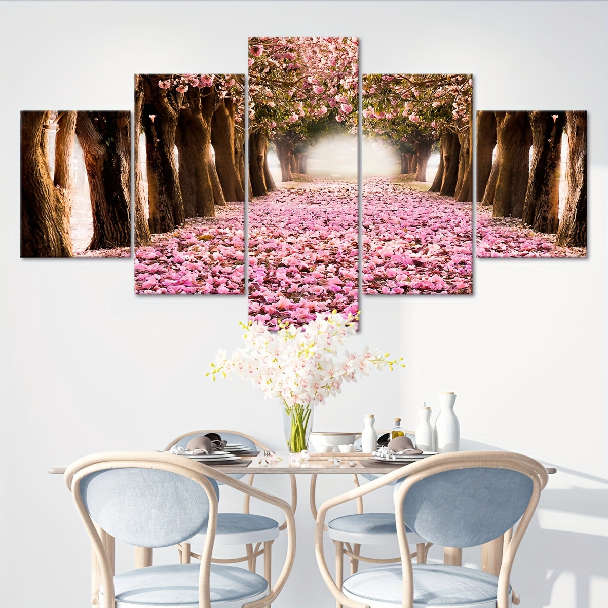 2D Flat, [2D FLAT] 5pcs Frame Cherry Blossom Grove Canvas Poster, Five Panel Scene Art, Modular Picture, Print Painting, Modern Art, Ideal Decor for Bedroom Living Room Kitchen Dorm, Wall Decoration, Gift for Family Friends,