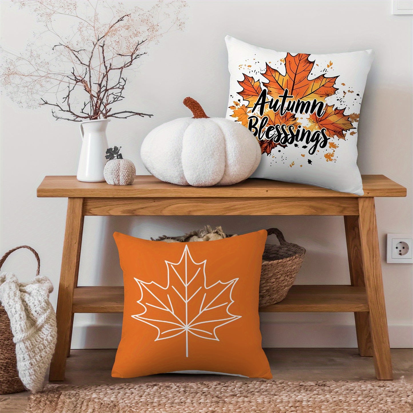 4pcs Autumn Blessings Hello Autumn Throw Pillow Covers Orange & White Maple Leaves Pumpkin Fall Farmhouse Thanksgiving Day Decorative Cushion Case for Bedroom Sofa Couch