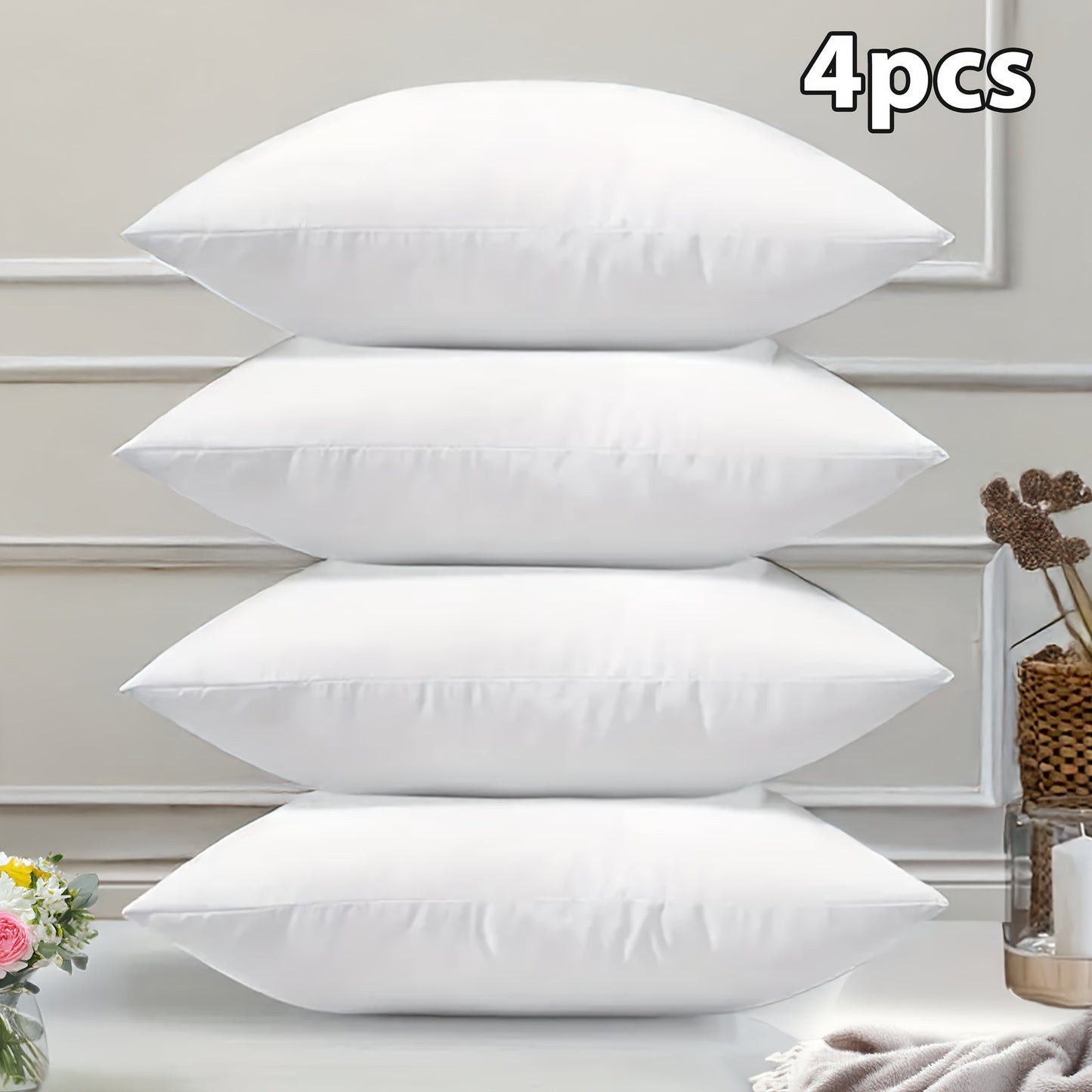 4pcs Soft, Washable Premium Throw Pillow Inserts with Zip Closure - Square Cushion Covers for Sofa, Bed, And Holiday Decor|Classic Pillow Style | Suitable for Bedroom, Sofa, Patio, Etc., A Perfect Home And Holiday Gift