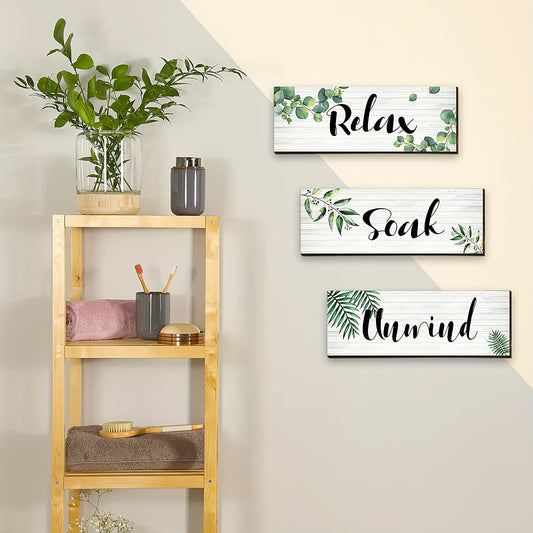 3pcs Wooden Sage Green Bathroom Wall Decor, Relaxing Soaking Relaxation Farmhouse Bathroom Wall Sign, Botanical Green Wooden Wall Art Decor for Bathroom Bedroom Living Room Decor